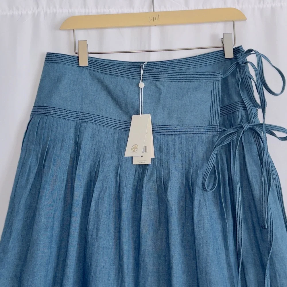 Tory Burch NWT Chambray linen blend pleated tiered wrap side tie midi skirt 6